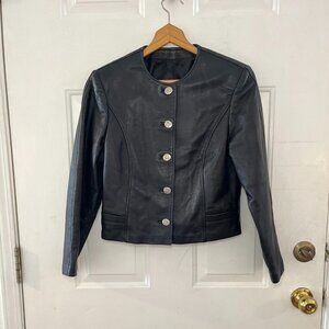Hide Society Germany   mob Wife Black Vintage Leather Cropped Moto Jacket Sz 34